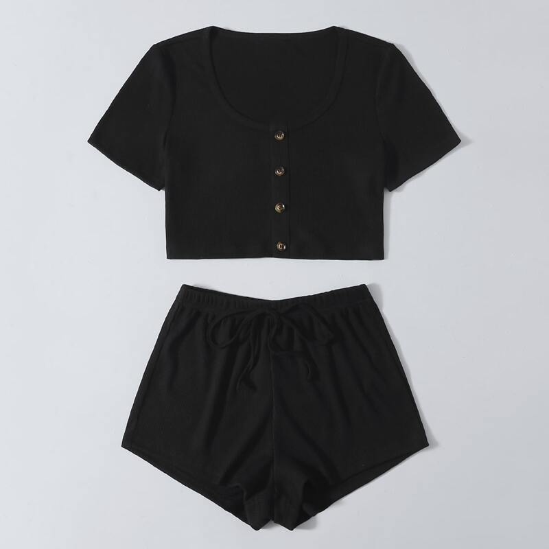 

Solid Button Front Shorts PJ Set, Black