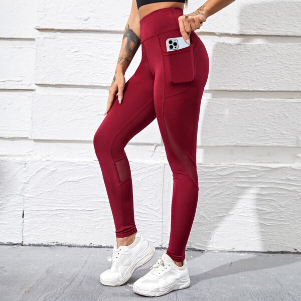 

Contrast Mesh Sports Leggings With Phone Pocket, Burgundy
