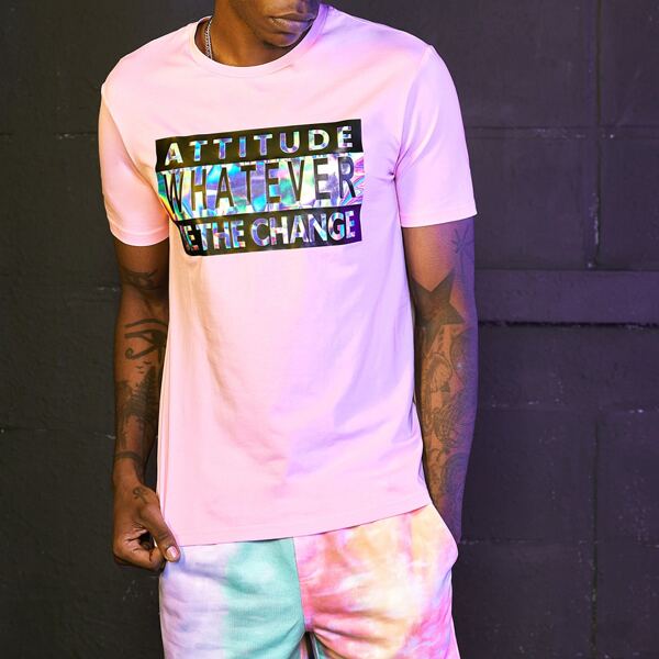 

Men Reflective Slogan Graphic Tee, Baby pink