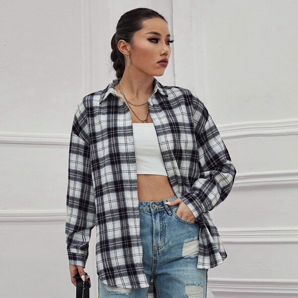 

Tartan Drop Shoulder Blouse, Black and white