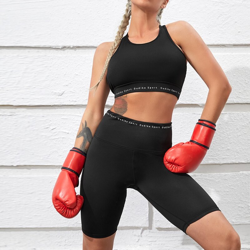 

Letter Graphic Racer Back Sports Bra & Biker Shorts, Black