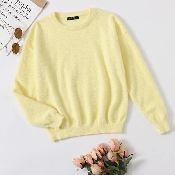 

Solid Drop Shoulder Fuzzy Sweater, Yellow pastel