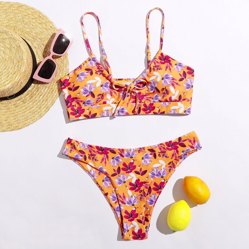 

Floral Tie Front Bikini Swimsuit, Multicolor