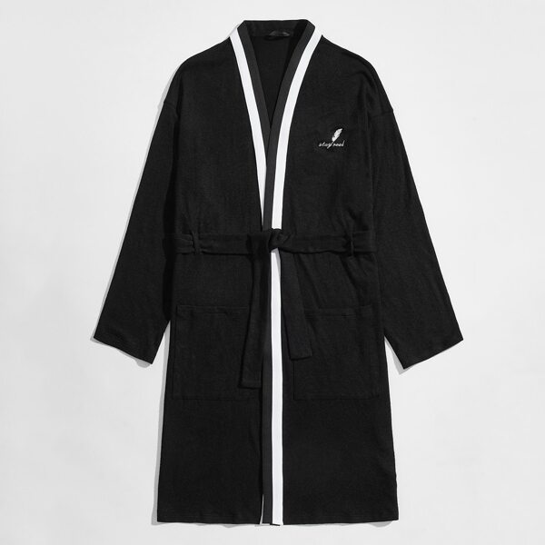 

Men Embroidery Detail Belted Night Robe, Black
