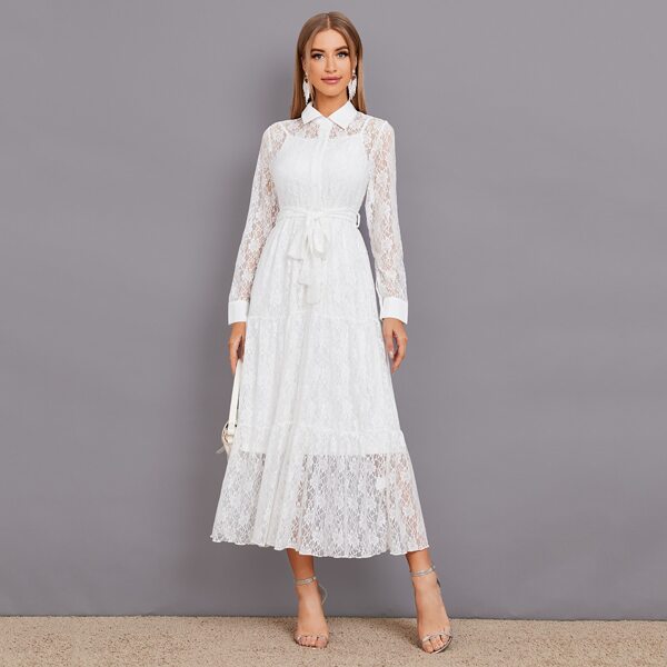 

Sheer Lace Belted Shirt Dress With Cami Dress, White