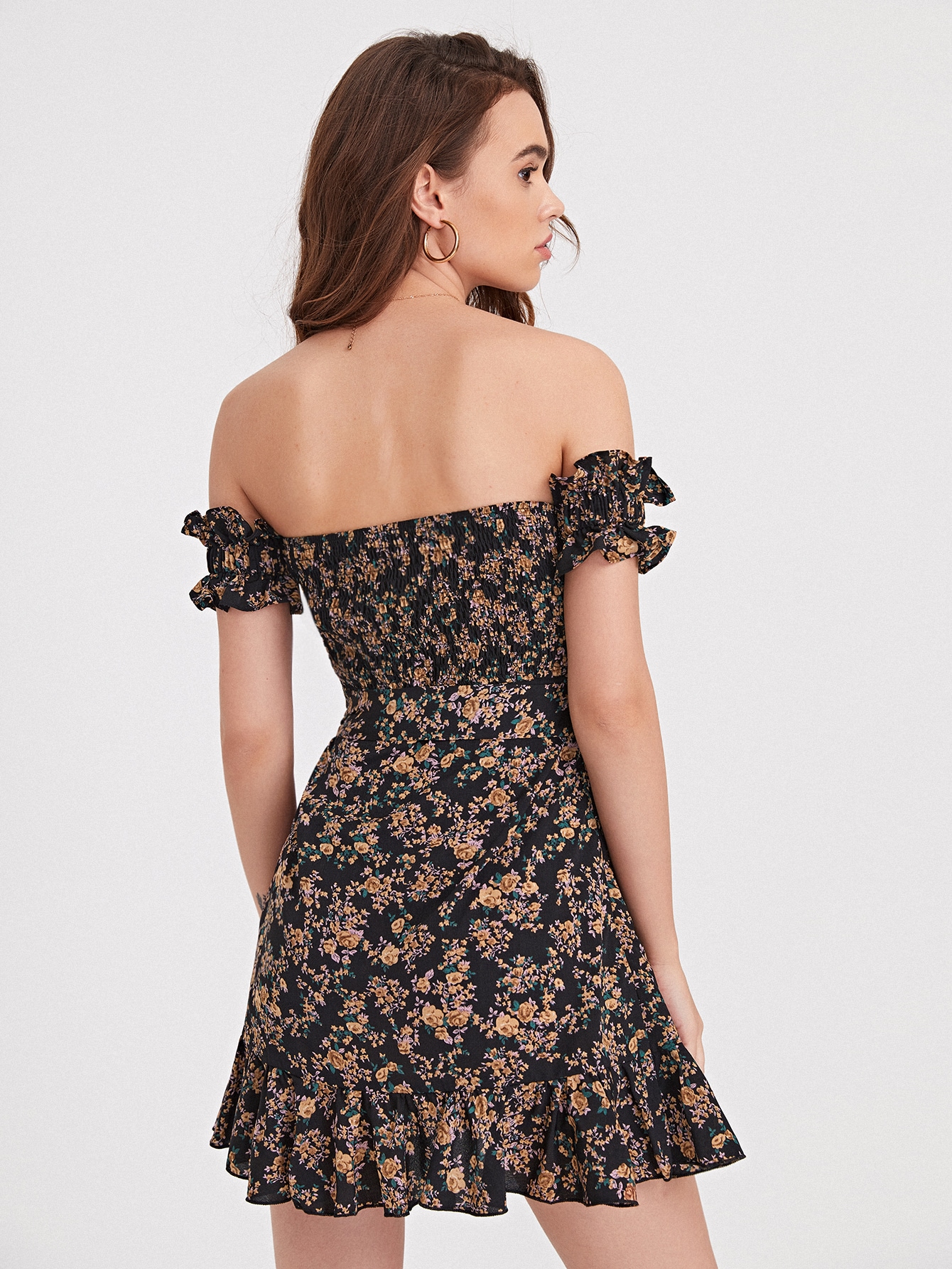 Floral Off Shoulder Ruffle Hem Dress thumbnail