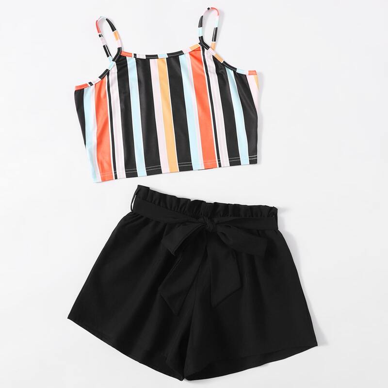

Striped Crop Cami & Solid Belted Shorts, Multicolor
