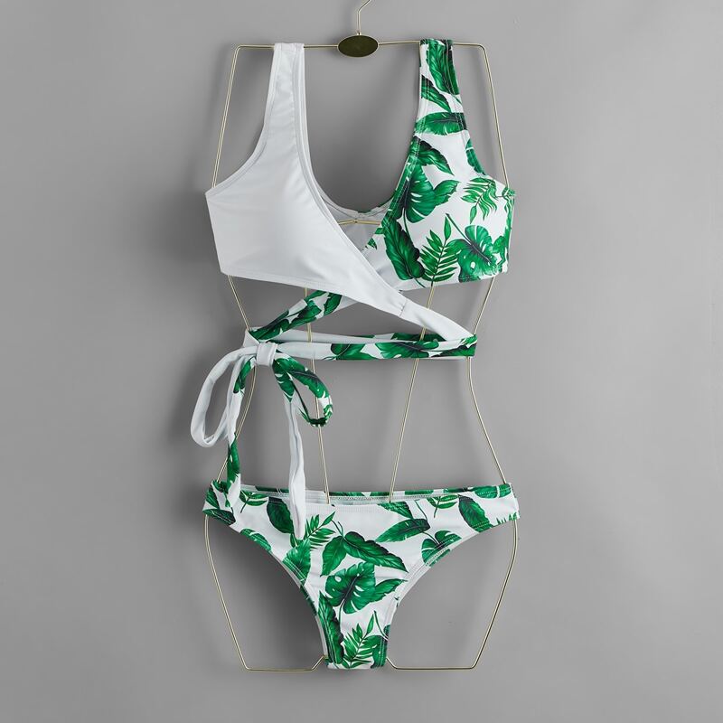 

Colorblock Leaf Print Wrap One Piece Swimsuit, Multicolor