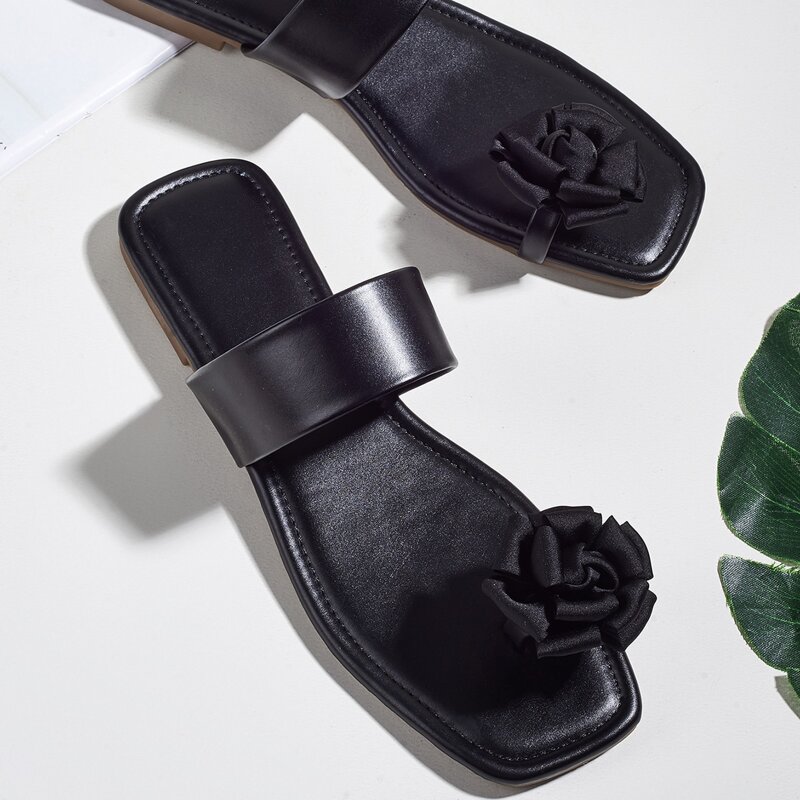 

Floral Toe Ring Slide Sandals, Black