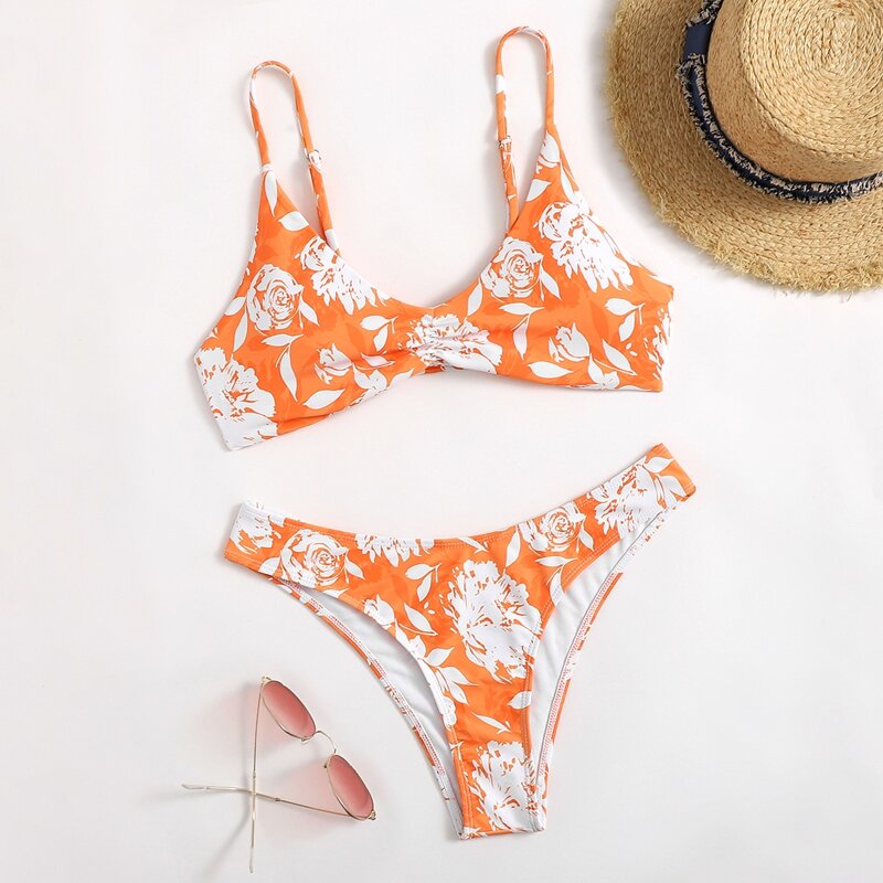 

Floral Ruched High Cut Bikini Swimsuit, Orange