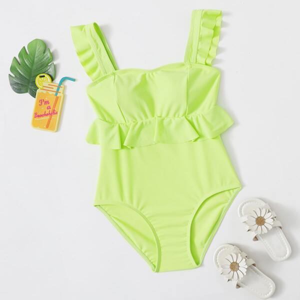 

Girls Ruffle Trim One Piece Swimsuit, Lime green