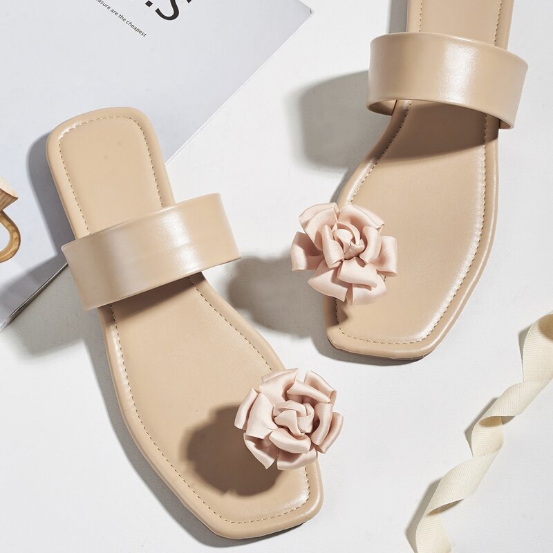 

Floral Toe Ring Slide Sandals, Apricot