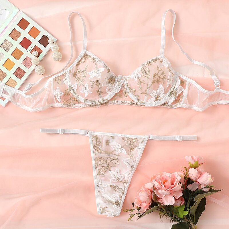 

Floral Embroidered Mesh Underwire Lingerie Set, White