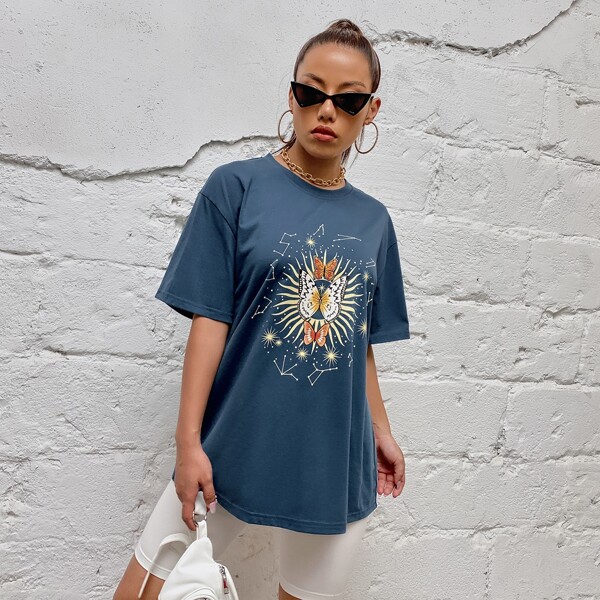 

Butterfly And Constellation Print Oversized Tee, Dusty blue