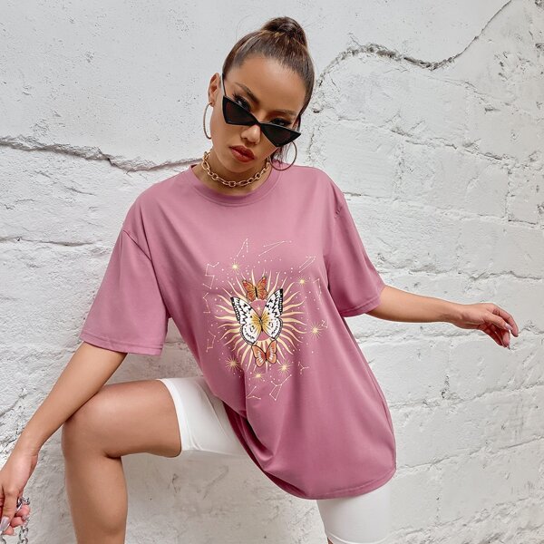

Butterfly And Constellation Print Oversized Tee, Dusty pink