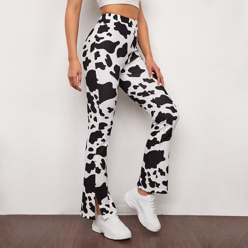 

Cow Pattern Split Hem Pants, Black and white