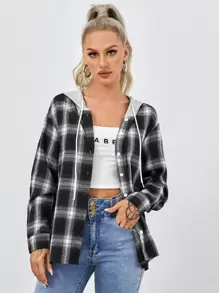 Muchica Tartan Drawstring Hooded Coat - Black and White - View 1