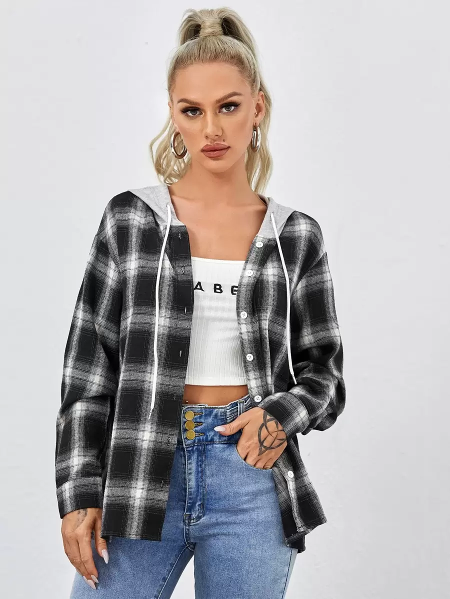 Muchica Tartan Drawstring Hooded Coat - Black and White - View 1