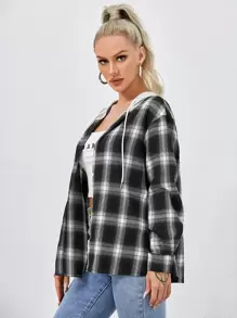 Muchica Tartan Drawstring Hooded Coat - Black and White - View 4