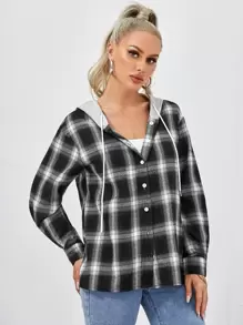 Muchica Tartan Drawstring Hooded Coat - Black and White - View 5