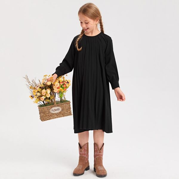 

Girls Solid Pleated Hem Tunic Dress, Black