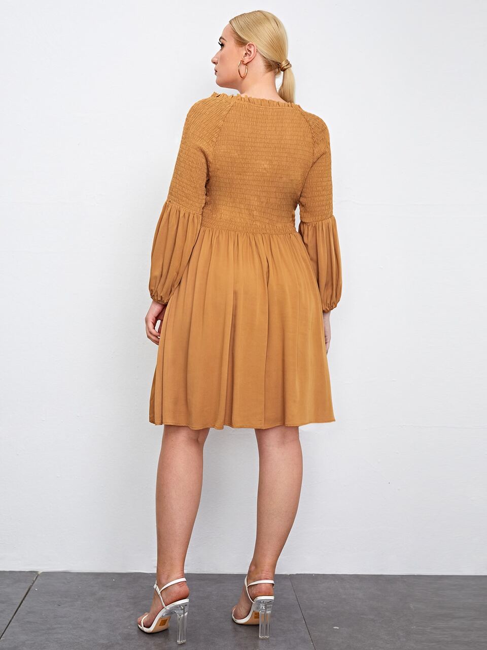 Plus Lace Up Front Shirred Dress