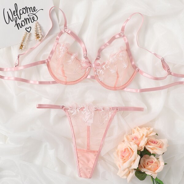 

Embroidered Mesh Underwire Harness Lingerie Set, Pastel baby pink