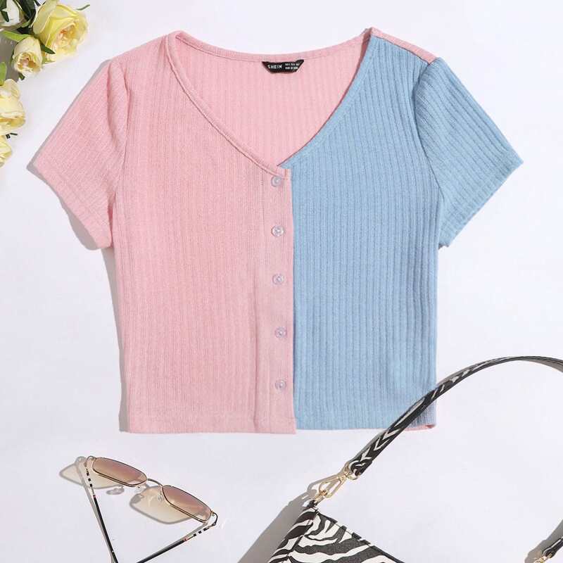 

Color Block Button Front Tee, Multicolor