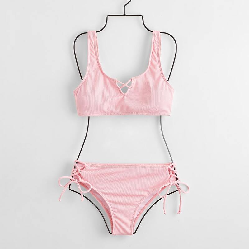 

Solid Lace Up Bikini Swimsuit, Baby pink