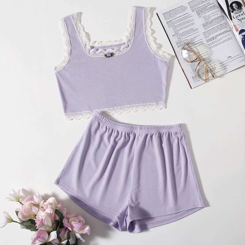 

Scallop Lace Trim Tank PJ Set, Mauve purple