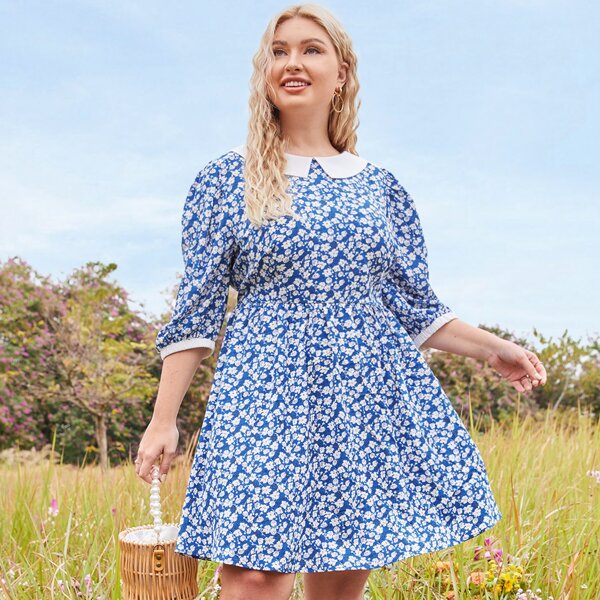 

Plus Ditsy Floral Knot Back Dress, Blue and white