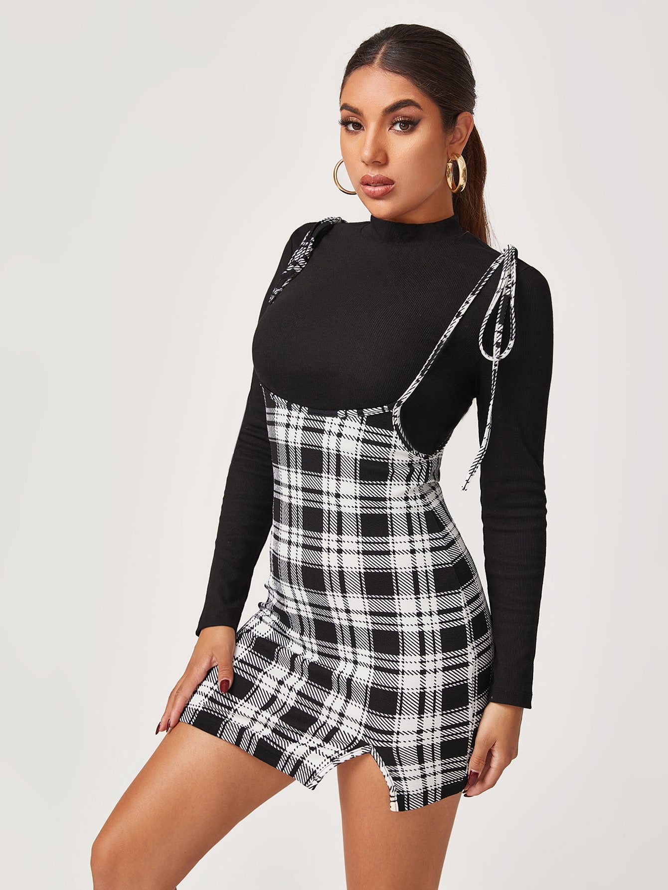 Plaid Knot Shoulder Overall Dress Without Tee thumbnail