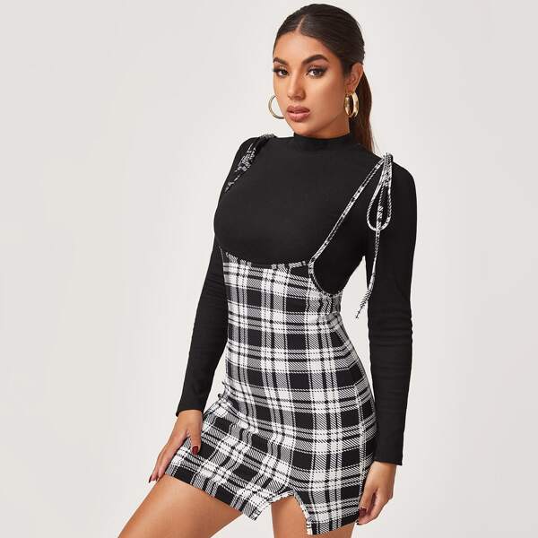 

Plaid Knot Shoulder Overall Dress Without Tee, Black and white