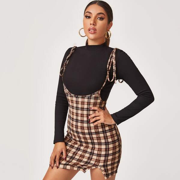 

Plaid Knot Shoulder Overall Dress Without Tee, Multicolor