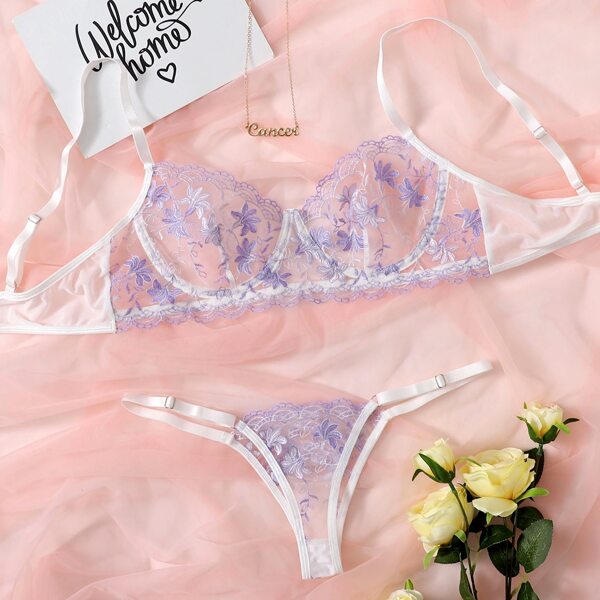 

Embroidered Mesh Underwire Lingerie Set, Lilac purple