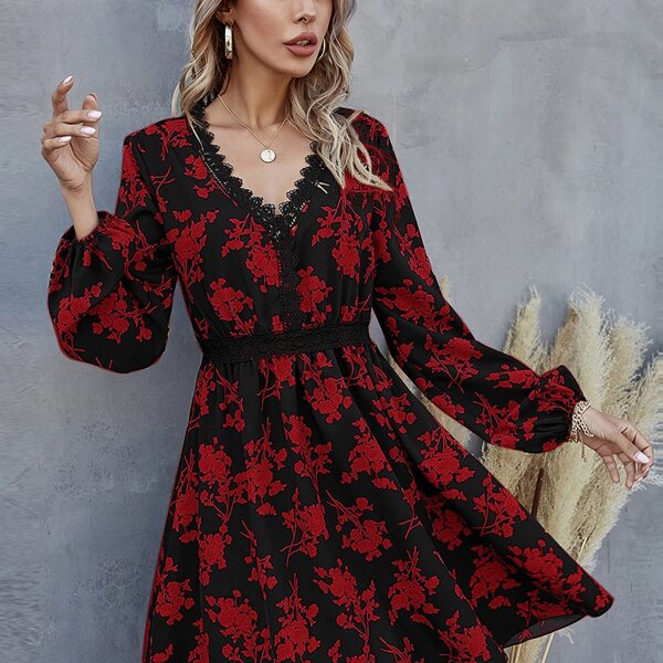 

Contrast Lace Trim Allover Floral Print Dress, Multicolor