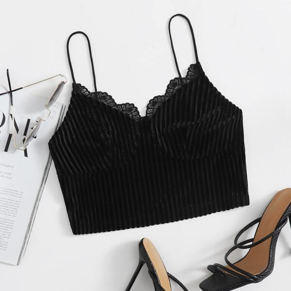 

Lace Trim Velvet Crop Cami Top, Black