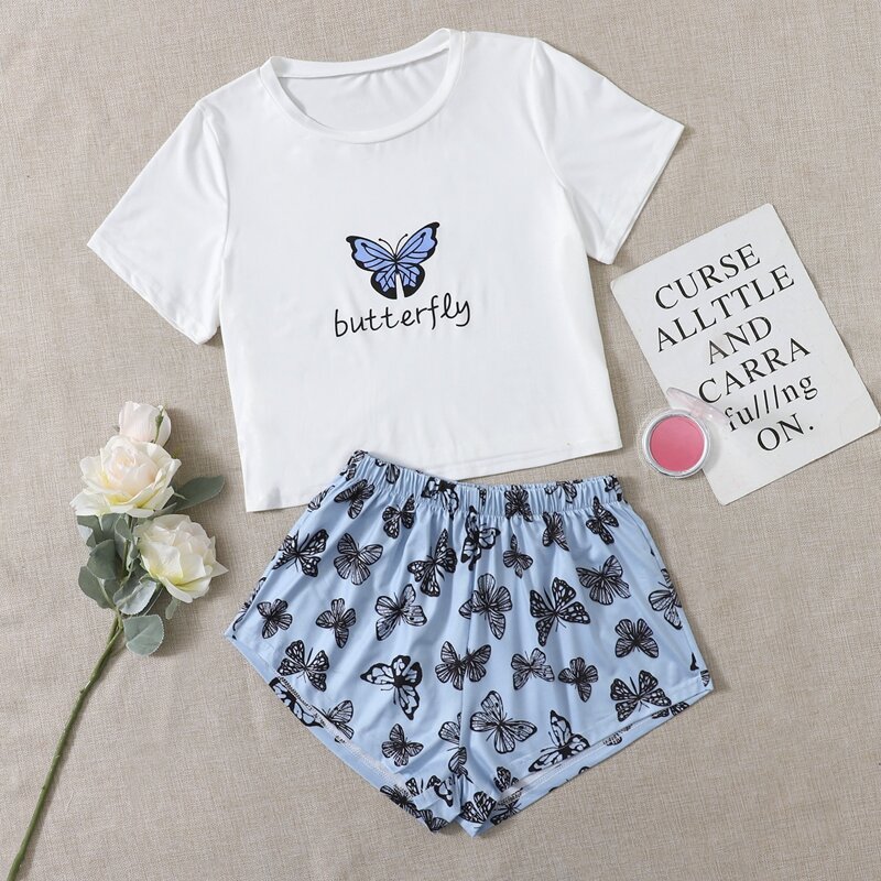 

Butterfly & Letter Graphic PJ Set, Blue and white