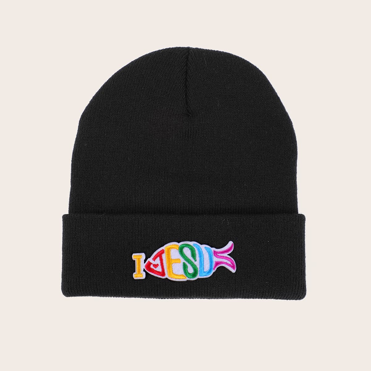 

Colorful Fish Knit Beanie, Black