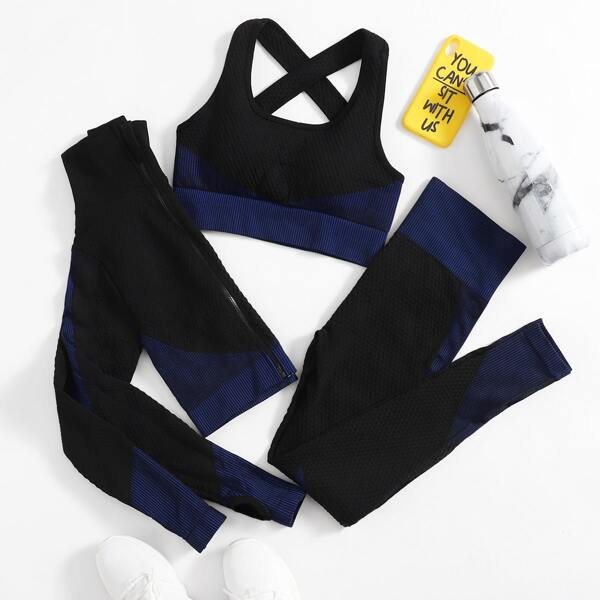 

3pcs Sports Bra & Sports Jacket & Sports Leggings, Black