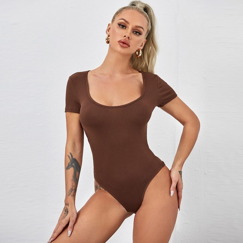 Solid Scoop Neck Bodysuit, Coffee brown