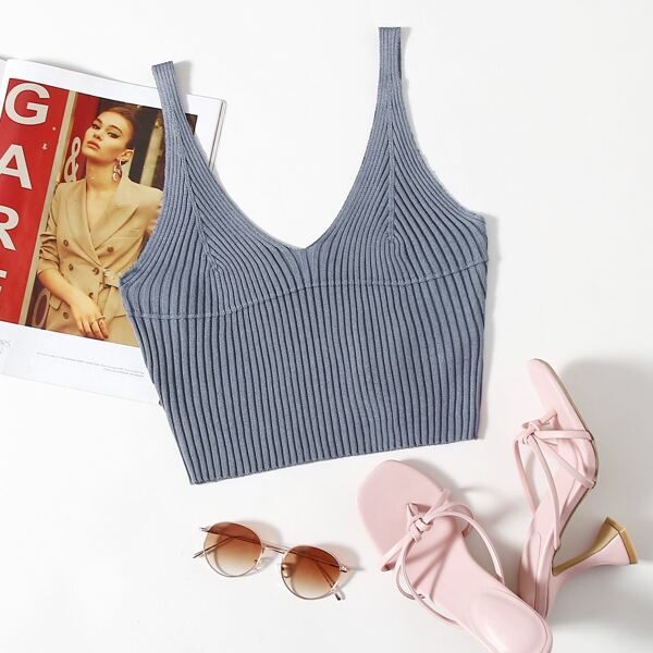 

Solid Ribbed Knit Top, Dusty blue