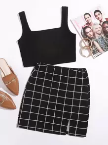 SHEIN Essnce Rib-knit Tank Top & Plaid Skirt Set - Black - View 1