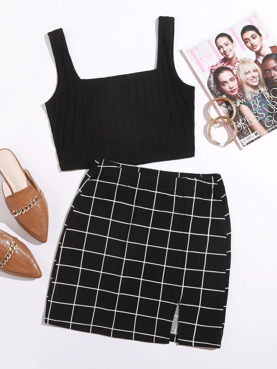 SHEIN Essnce Rib-knit Tank Top & Plaid Skirt Set - Black - View 1