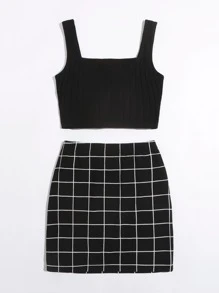 SHEIN Essnce Rib-knit Tank Top & Plaid Skirt Set - Black - View 2