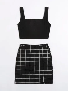 SHEIN Essnce Rib-knit Tank Top & Plaid Skirt Set - Black - View 4
