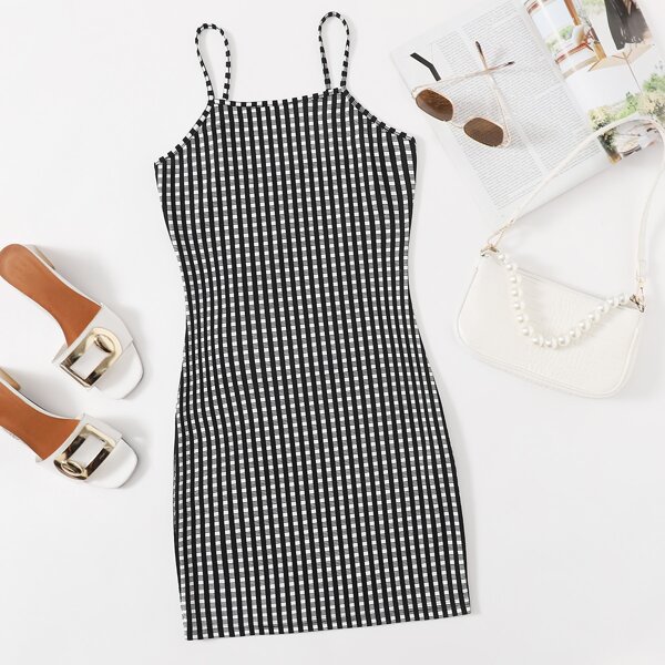 

Plaid Cami Bodycon Dress, Black and white