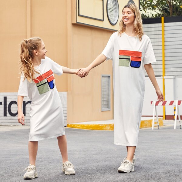 

Girls 1pc Flap Pocket Tee Dress, White