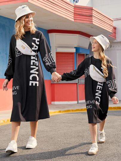 SHEIN Girls 1pc Drop Shoulder Letter Graphic Dress Without Bag