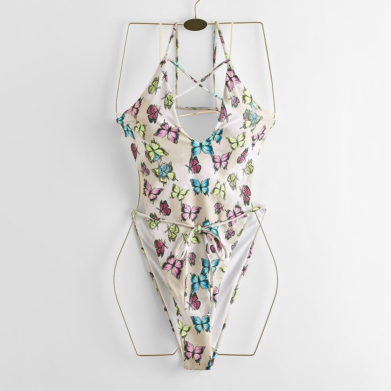 

Butterfly Print Backless One Piece Swimsuit, Multicolor